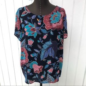 LOFT blouse short sleeve top butterfly & floral women’s XL navy blue pink